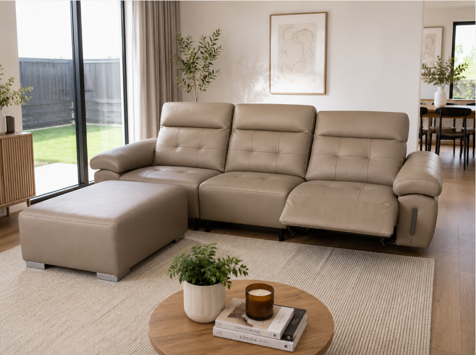 Tanashishi recliner 3 seater sofa, Left seat recliner+Right side ottoman, Light Taupe